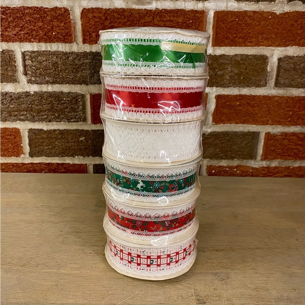 Vtg Holiday Fabric Ribbon Berwick Offray‎ Christmas Rudolph Holly Lot Of 6